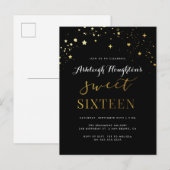 Invitation Carte Postale Elégant Black & Gold Star Confetti Sweet 16 (Devant / Derrière)