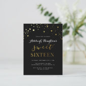 Invitation Carte Postale Elégant Black & Gold Star Confetti Sweet 16 (Debout devant)