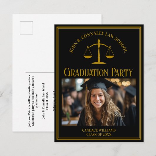 Invitation Carte Postale Elegant Black Law School Photo Graduation Party (Devant / Derrière)