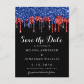 Invitation Carte Postale Elegant Black Red Blue Glitter Drips Save The Date (Devant)