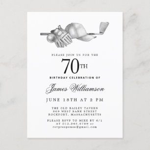 Invitation Carte Postale Elégant Black White Golf 70e anniversaire