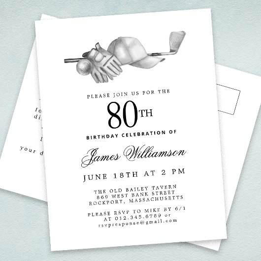 Invitation Carte Postale Elégant Black White Golf 80e fête d'anniversaire
