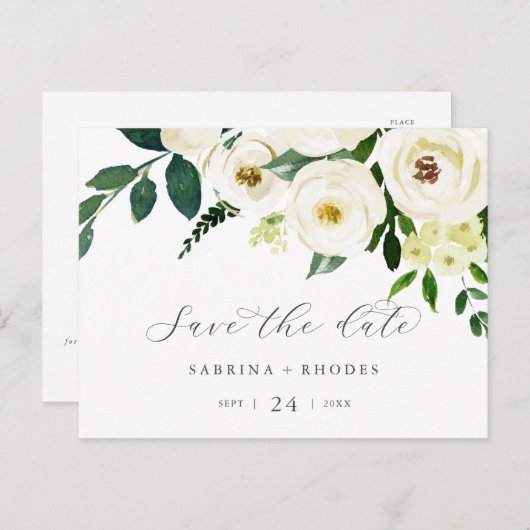 Invitation Carte Postale Elégant blanc floral horizontal Enregistrer la dat (Devant / Derrière)