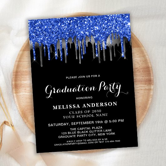 Invitation Carte Postale Elégant Bleu Argent Noir Parties scintillant Drive