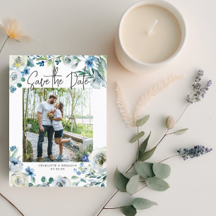 Invitation Carte Postale Elégant bleu Floral Couple Photo Enregistrer la da