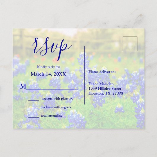 Invitation Carte Postale Elégant Bluebonnets Printemps Mariage RSVP Enclôtu (Dos)