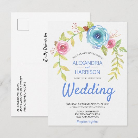 Invitation Carte Postale Elégant Boho Blue Rose Floral Arch Wedding Invitat (Devant / Derrière)