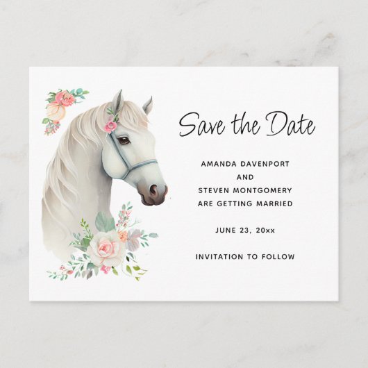 Invitation Carte Postale Élégant Boho Boho Cheval Blanc floral Enregistrer  (Devant)