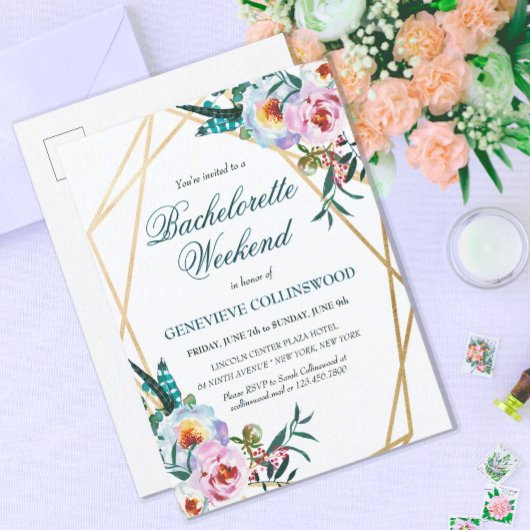 Invitation Carte Postale Élégant Boho Floral Bachelorette Week-end Itinérai