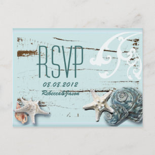 Invitation Carte Postale Elégant bois BLue Seashells Plage Mariage rsvp