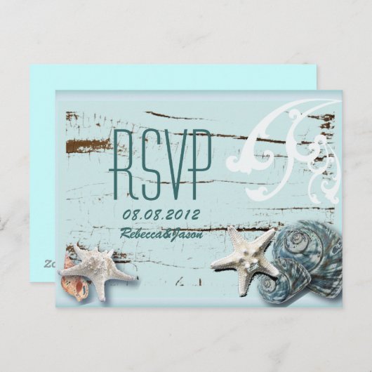 Invitation Carte Postale Elégant bois BLue Seashells Plage Mariage rsvp (Devant / Derrière)