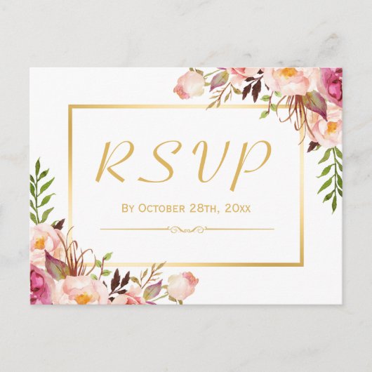 Invitation Carte Postale Elégant Chic Rose Floral Gold Frame Mariage RSVP (Devant)