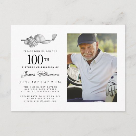 Invitation Carte Postale Elégant Classic Golf 100e anniversaire de fête Pho (Devant)