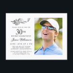 Invitation Carte Postale Elégant Classic Golf 30th Birthday Party Photo<br><div class="desc">Elégante invitation d'anniversaire en noir et blanc pour un golfeur. Le top de l'invitation est décoré d'accessoires de golf - un club de golf, balle de golf, casquette et gants. L'aquarelle crée une esthétique traditionnelle et classique. Parfait pour un bain d'anniversaire au club ou un jardin barbecue. Tout le texte...</div>