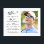 Invitation Carte Postale Elégant Classic Golf 40th Birthday Party Photo<br><div class="desc">Elégante invitation d'anniversaire en noir et blanc pour un golfeur. Le top de l'invitation est décoré d'accessoires de golf - un club de golf, balle de golf, casquette et gants. L'aquarelle crée une esthétique traditionnelle et classique. Parfait pour un bain d'anniversaire au club ou un jardin barbecue. Tout le texte...</div>