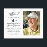 Invitation Carte Postale Elégant Classic Golf 50th Birthday Party Photo<br><div class="desc">Elégante invitation d'anniversaire en noir et blanc pour un golfeur. Le top de l'invitation est décoré d'accessoires de golf - un club de golf, balle de golf, casquette et gants. L'aquarelle crée une esthétique traditionnelle et classique. Parfait pour un bain d'anniversaire au club ou un jardin barbecue. Tout le texte...</div>