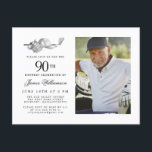 Invitation Carte Postale Elégant Classic Golf 90th Birthday Party Photo<br><div class="desc">Elégante invitation d'anniversaire en noir et blanc pour un golfeur. Le top de l'invitation est décoré d'accessoires de golf - un club de golf, balle de golf, casquette et gants. L'aquarelle crée une esthétique traditionnelle et classique. Parfait pour un bain d'anniversaire au club ou un jardin barbecue. Tout le texte...</div>
