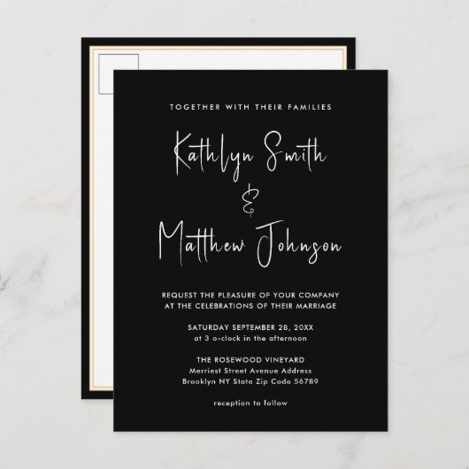 Invitation Carte Postale Élégant code QR noir tout en un Mariage moderne (Devant / Derrière)