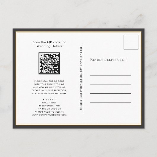Invitation Carte Postale Élégant code QR noir tout en un Mariage moderne (Dos)