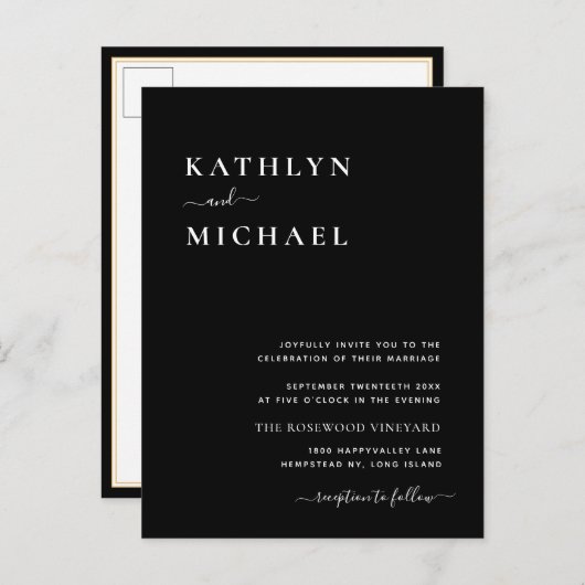 Invitation Carte Postale Élégant code QR noir tout en un Mariage moderne (Devant / Derrière)