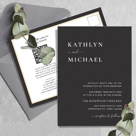 Invitation Carte Postale Élégant code QR noir tout en un Mariage moderne