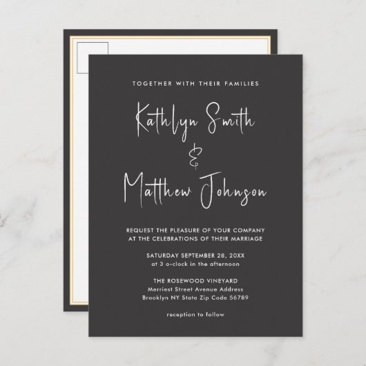 Invitation Carte Postale Élégant code QR noir tout en un Mariage moderne (Devant / Derrière)