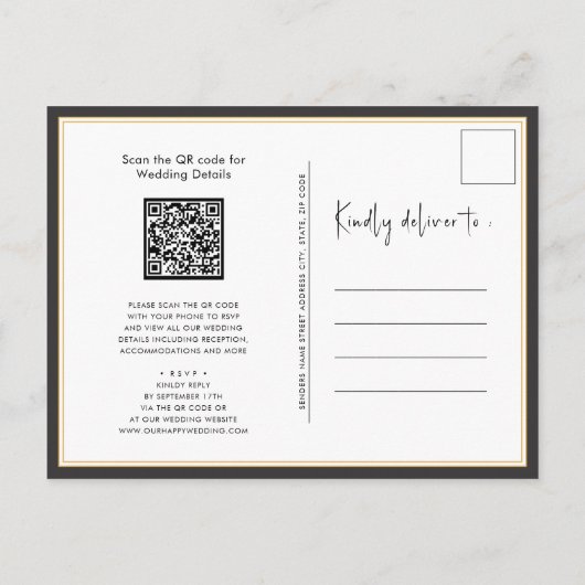 Invitation Carte Postale Élégant code QR noir tout en un Mariage moderne (Dos)