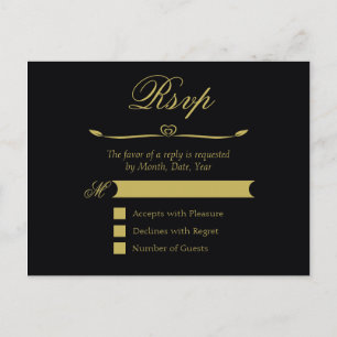 Invitation Carte Postale Élégant coeur noir et or fleurit RSVP