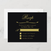 Invitation Carte Postale Élégant coeur noir et or fleurit RSVP (Devant / Derrière)