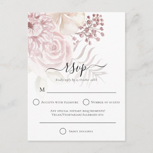 Invitation Carte Postale Elégant Dusty Rose Florals Mariage RSVP (Devant)