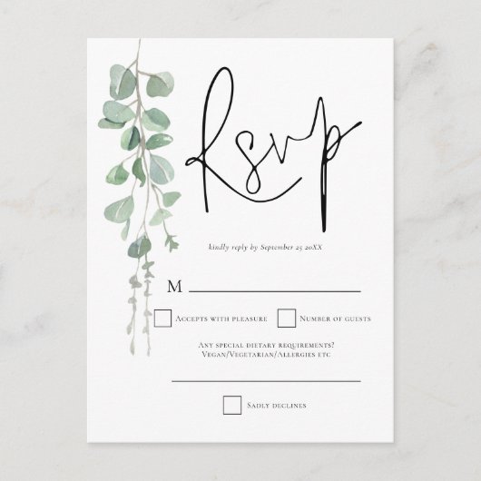 Invitation Carte Postale Elégant Eucalyptus Script Mariage RSVP (Devant)