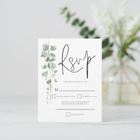 Invitation Carte Postale Elégant Eucalyptus Script Mariage RSVP (Debout devant)