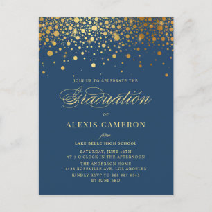 Invitation Carte Postale Elégant Faux Gold Foil Confetti Blue Graduation