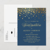Invitation Carte Postale Elégant Faux Gold Foil Confetti Blue Graduation (Devant / Derrière)