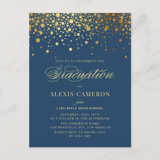 Invitation Carte Postale Elégant Faux Gold Foil Confetti Blue Graduation (Devant)