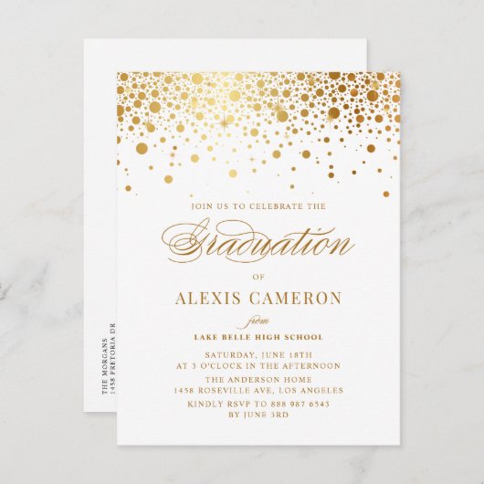Invitation Carte Postale Élégant Faux Gold Foil Confetti Graduation (Devant / Derrière)