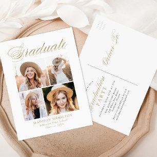 Invitation Carte Postale Elégant Gold Calligraphy 4 Photo Graduation Party