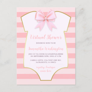 Invitation Carte Postale Elégant Gold & Pink Stripes Bow Douche virtuelle