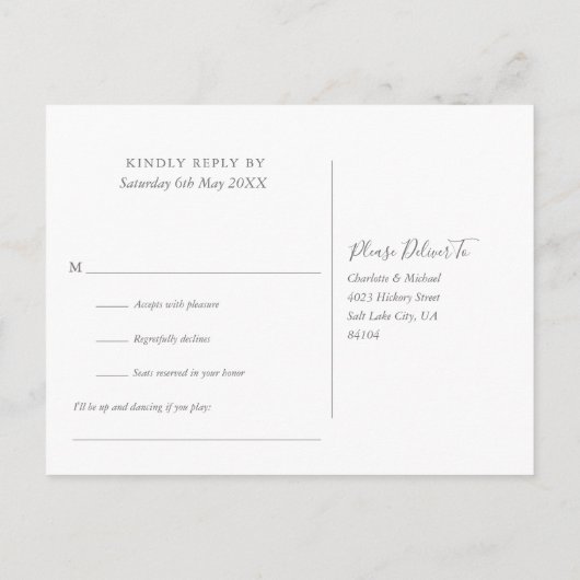 Invitation Carte Postale Elegant Gris Script Mariage demande de chanson RSV (Dos)