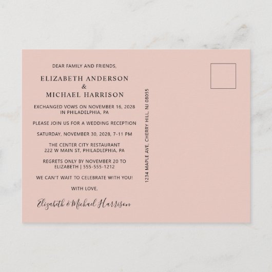 Invitation Carte Postale Elégant Heureusement Jamais Après Photo Mariage Ré (Dos)