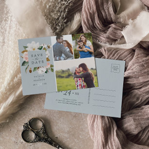 Invitation Carte Postale Élégant Magnolia   Blue Grey 3 Photo Enregistrer l