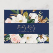 Invitation Carte Postale Elegant Magnolia Navy Demande de Chanson RSVP Cart (Devant)
