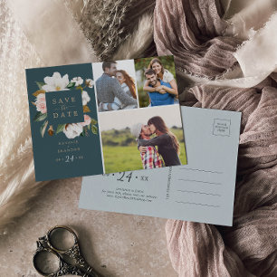 Invitation Carte Postale Élégant Magnolia Turquoise 3 Photo Enregistrer l