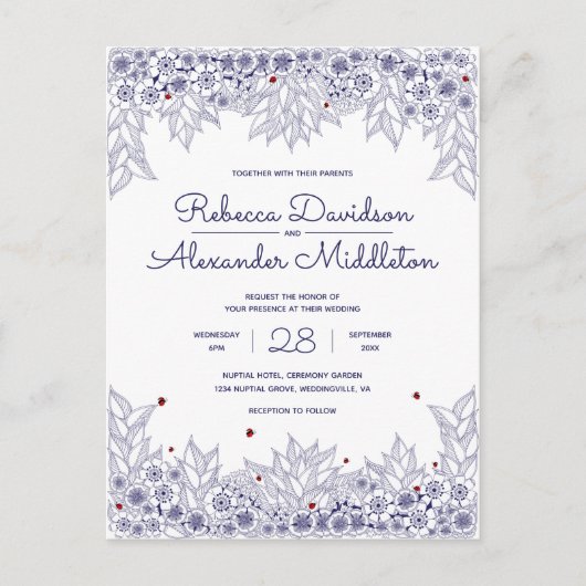 Invitation Carte Postale Elégant Mariage bleu blanc (Devant)