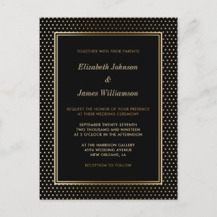 Invitation Carte Postale Élégant Mariage de point Polka Black & Gold Foil