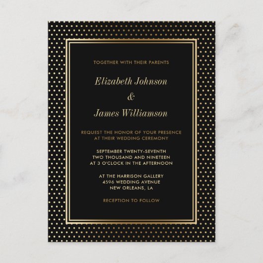 Invitation Carte Postale Élégant Mariage de point Polka Black & Gold Foil (Devant)