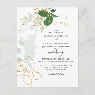 Invitation Carte Postale Élégant Mariage de verdure Eucalyptus Gold Foliage