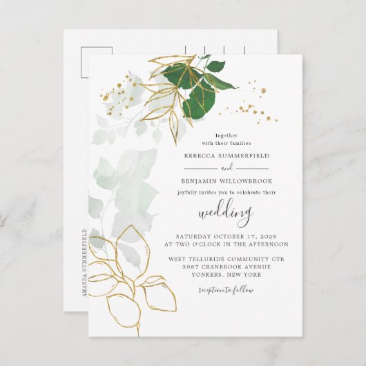 Invitation Carte Postale Élégant Mariage de verdure Eucalyptus Gold Foliage (Devant / Derrière)