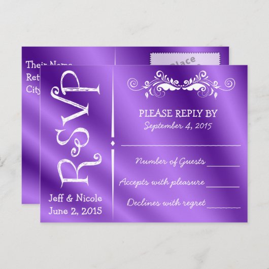 Invitation Carte Postale Elégant Mariage en satin violet RSVP (Devant / Derrière)