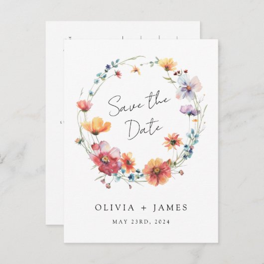Invitation Carte Postale Élégant mariage Fleur sauvage Enregistrer la date (Devant / Derrière)